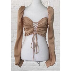 O. Vianca Blush Pink Cropped Lace Up Smocked Going Out Top Shirt Sz S Clubwear